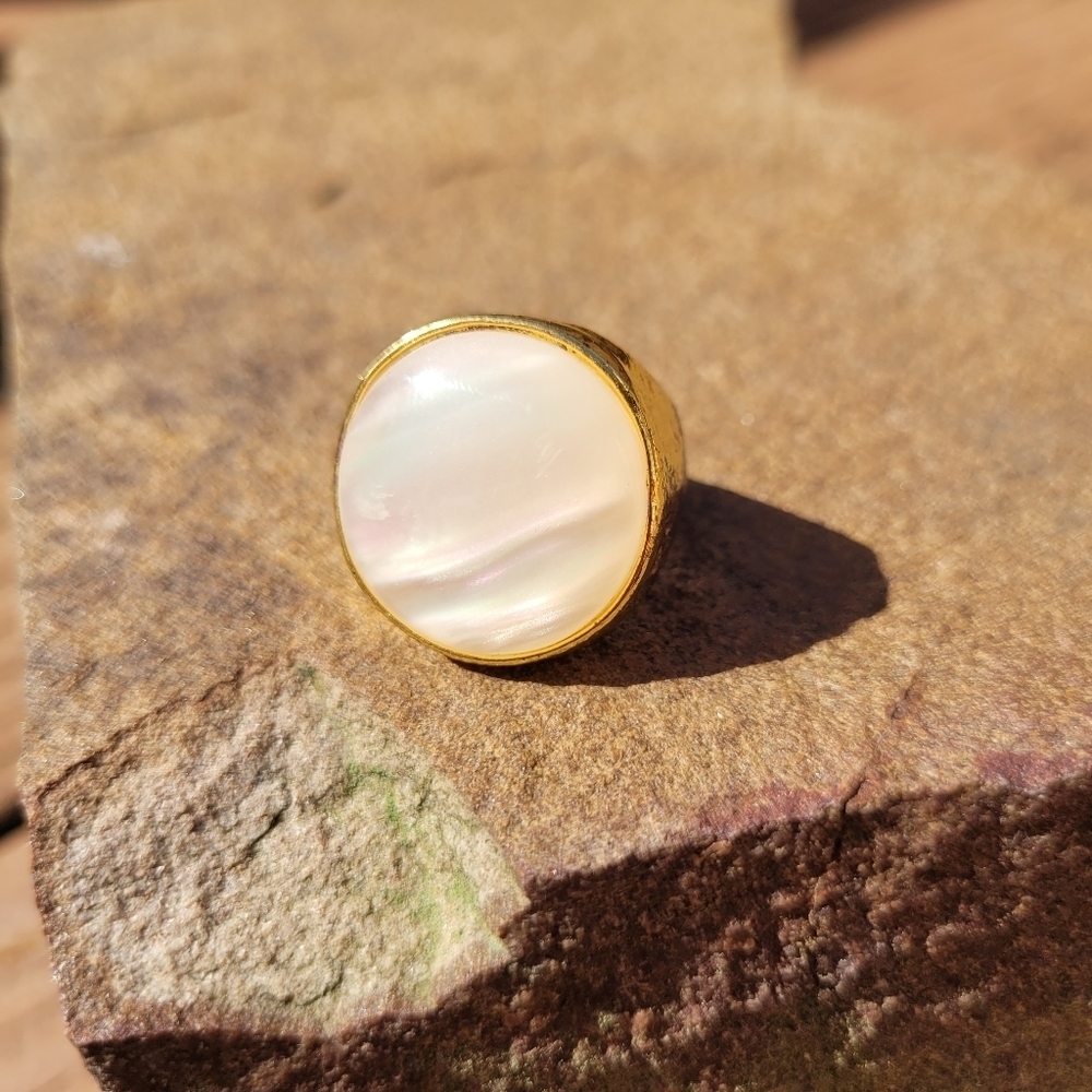 Mother Of Pearl Titanium Gold Plated Chunky Ring - Picture 15 of 16